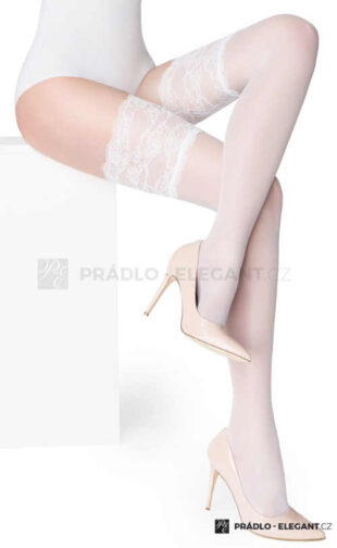 Bílé samodržící punčochy s širším krajkovým zakončením