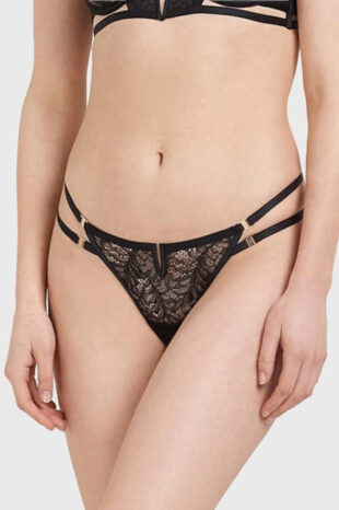 Černá krajková tanga s rozparkem vpředu a strappy pásky