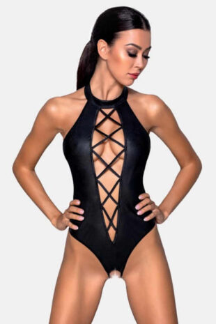 Smyslné body v imitaci kůže s hlubokým výstřihem